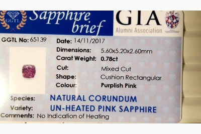 Purplish Pink Sapphire, unheated, GIA certified 0.78 ct