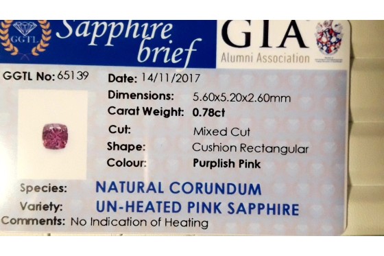 Purplish Pink Sapphire - Cushion - 0.78 ct. - GIA